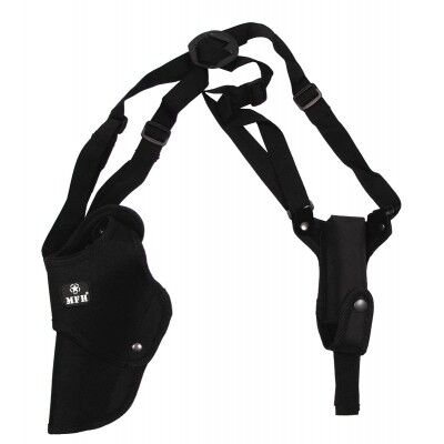 Pistolenschulterholster links Schwarz geeignet für Linkshänder beidseitig verstellbar Gürtelbefestigung mit Klett Magazintasche mit Druckknopf Holster mit 2-facher Druckknopfsicherung Material: 100 % Polyester